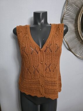 Rust Knit Button-Front Sleeveless Vest
